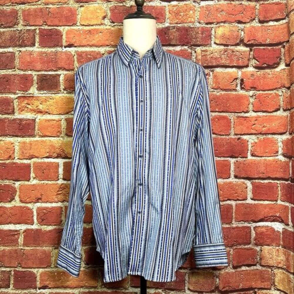 Robert Graham Men's Long Sleeve Blue Striped Shirt‎ Size XL Flip Cuff EUC